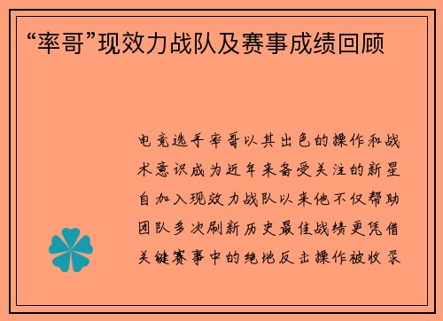 “率哥”现效力战队及赛事成绩回顾